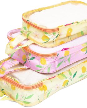 Miamica 3-Piece Packing Cubes, Lemon Yellow Pink Orange Design – Includes Small, Medium and Large Suitcase Organizers with Durable Design
